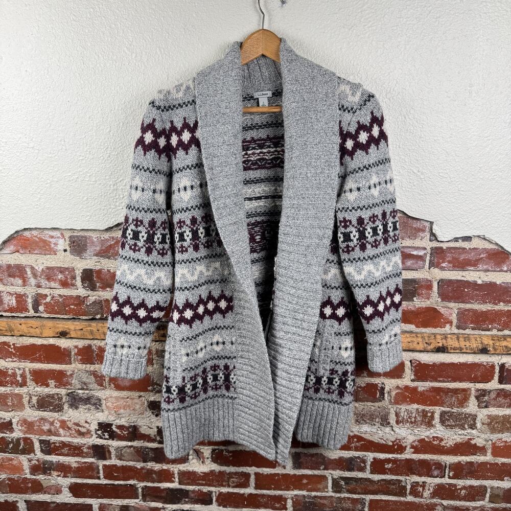 LL Bean Sweater Womens Small Gray Fair Isle Lambswool Cardigan Open Front Cozy